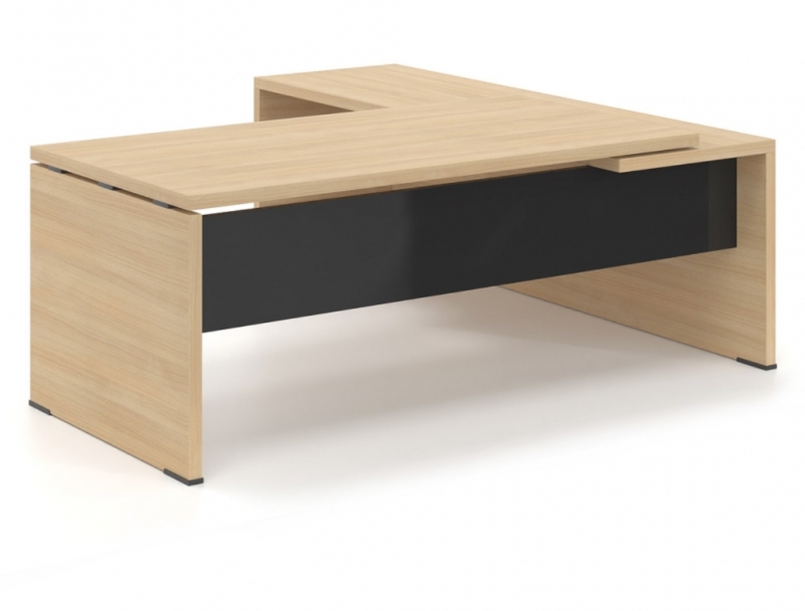 Γραφείο Διευθυντικό Dromeas σειράς Lysis Plus γωνιακό ανισόπεδο αριστερό διάστασης 200Χ200X73Η σε απόχρωση φυσικό δρυς με μετώπη γυάλινη μαύρη