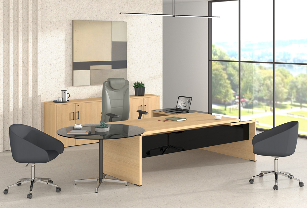 Γραφείο Διευθυντικό Dromeas σειράς Lysis Plus γωνιακό ανισόπεδο αριστερό με πλαϊνό γυαλί επιφάνειας μαύρο διάστασης 200Χ200X73Η