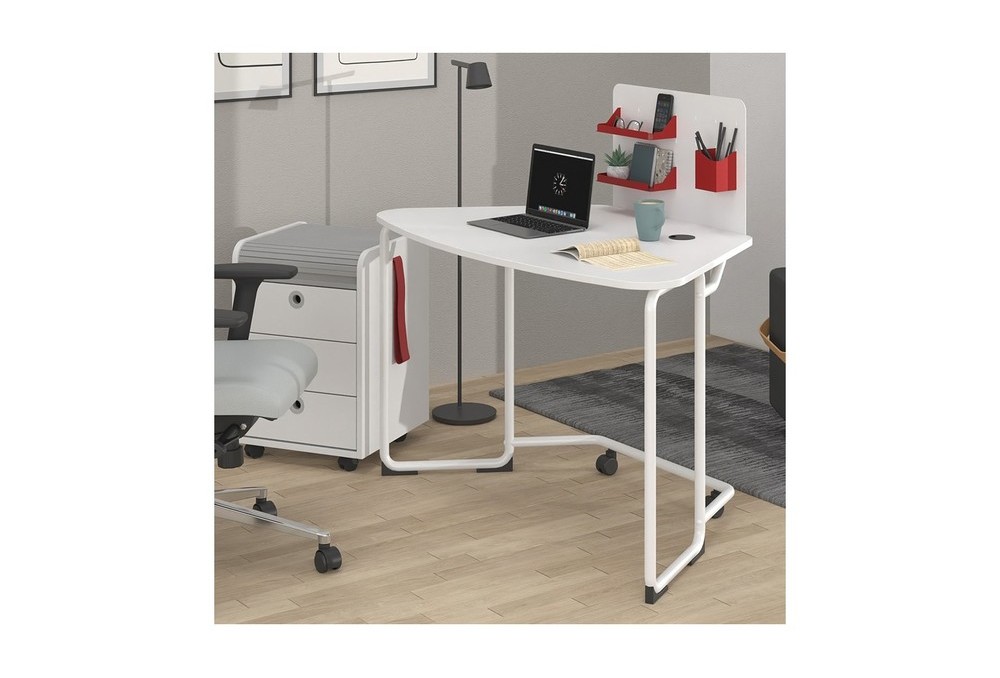 Γραφείο οικιακό Dromeas σειράς Officcino διάστασης 120Χ70Χ73Η σκελετός σε απόχρωση υπόλευκη και επιφάνεια σε λευκή λάκα , με μεταλλικό διαχωριστικό , κρεμαστα ραφάκια και μολυβοθήκη