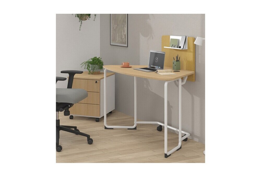 Γραφείο οικιακό Dromeas σειράς Officcino διάστασης 120Χ70Χ73Η σκελετός σε απόχρωση υπόλευκου και επιφάνεια σε φυσικό δρυς , με επενδεδυμένο διαχωριστικό και ραφάκι κρεμαστό επί διαχωριστικού