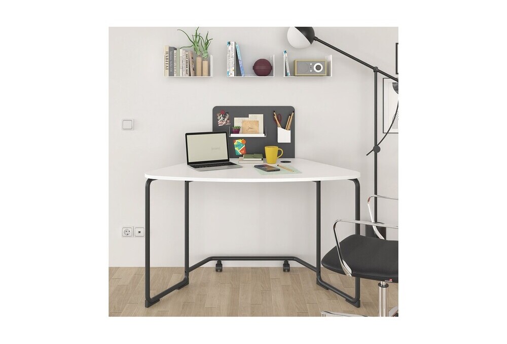 Γραφείο οικιακό Dromeas σειράς Officcino διάστασης 120Χ70Χ73Η σκελετός σε απόχρωση μαύρη και επιφάνεια σε λευκή λάκα , με μεταλλικό διαχωριστικό , κρεμαστό ραφάκι και μολυβοθήκη