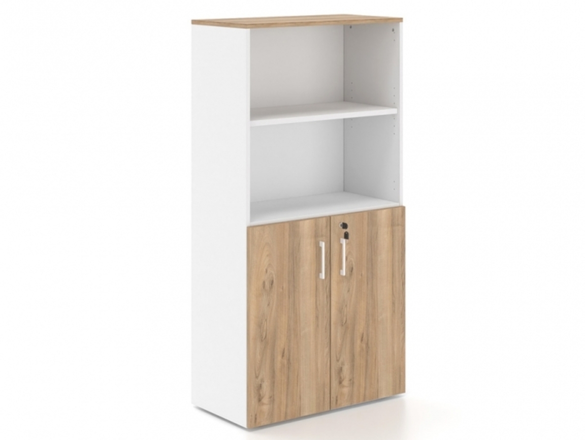 Βιβλιοθήκη Dromeas ημίκλειστή διάστασης 80Χ40Χ160Η με κάσωμα σε απόχρωση υπόλευκο, καπάκι και πόρτες σε απόχρωση καρυδιά.