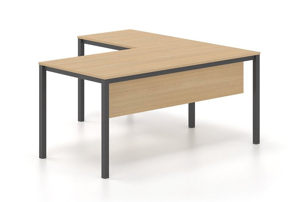 Γραφείο εργασίας Dromeas σειράς Tetra διάστασης 160X80X73H με προέκταση 60X80  με σκελετό σε απόχρωση μαύρο και επιφάνεια και μετώπη σε απόχρωση φυσικό δρυς