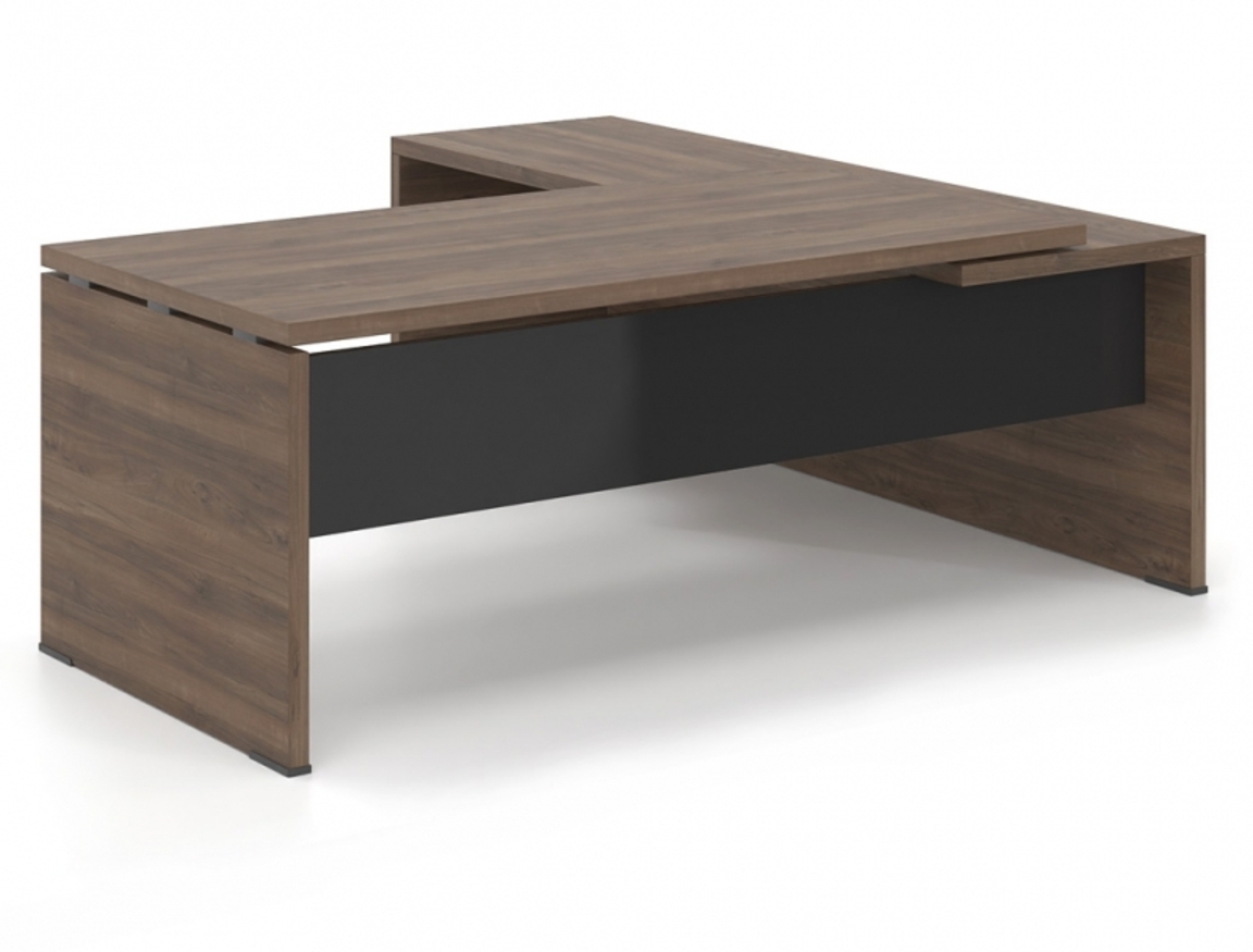 Γραφείο Διευθυντικό Dromeas σειράς Lysis Plus γωνιακό ανισόπεδο αριστερό διάστασης 200Χ200X73Η σε απόχρωση καρυδιά Η3702 με μετώπη γυάλινη μαύρη