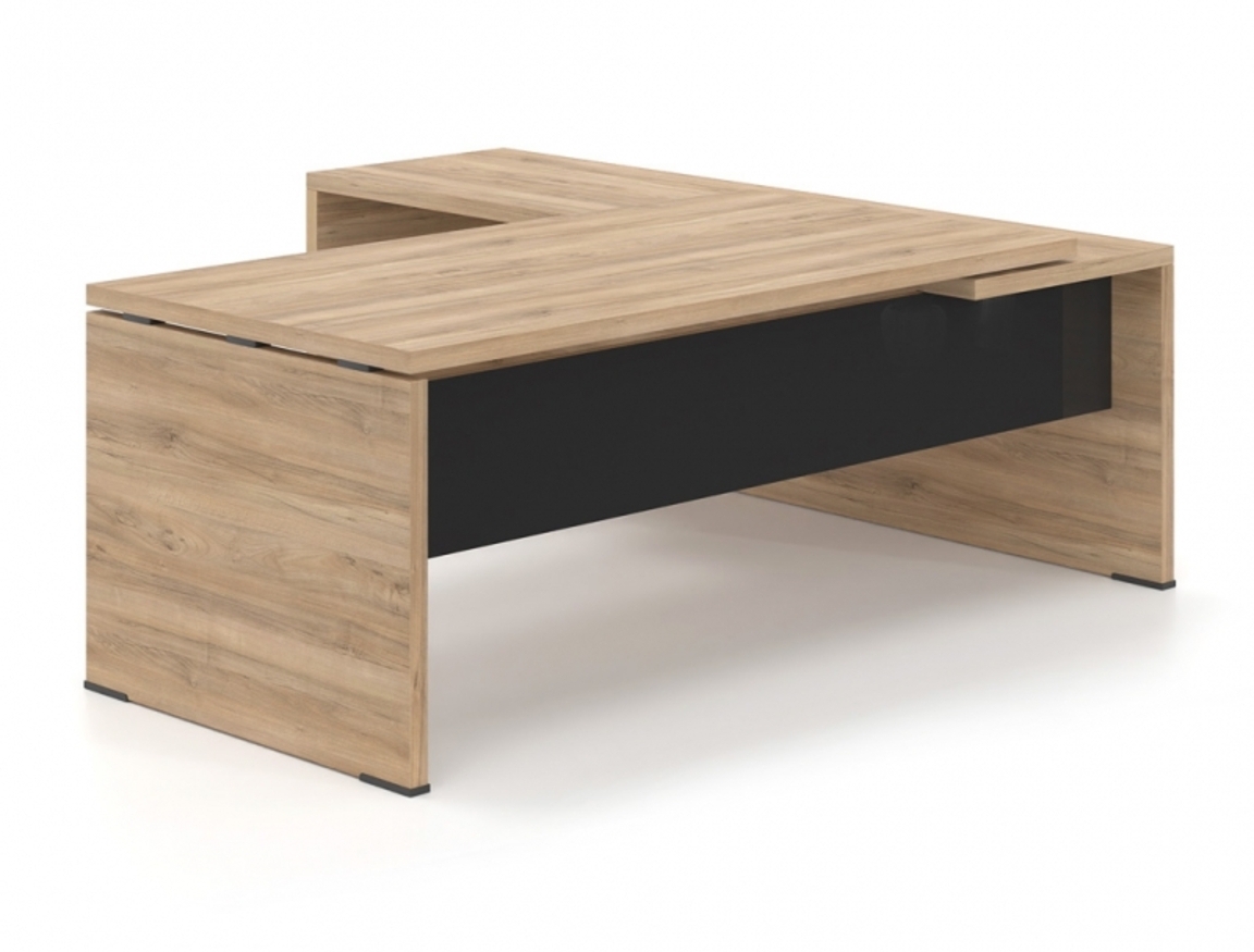 Γραφείο Διευθυντικό Dromeas σειράς Lysis Plus γωνιακό ανισόπεδο αριστερό διάστασης 200Χ200X73Η σε απόχρωση καρυδιά Η3700 με μετώπη γυάλινη μαύρη