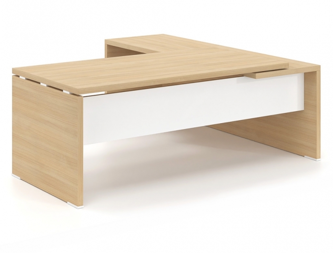 Γραφείο Διευθυντικό Dromeas σειράς Lysis Plus γωνιακό ανισόπεδο αριστερό διάστασης 200Χ200X73Η σε απόχρωση φυσικό δρυς με μετώπη γυάλινη λευκή