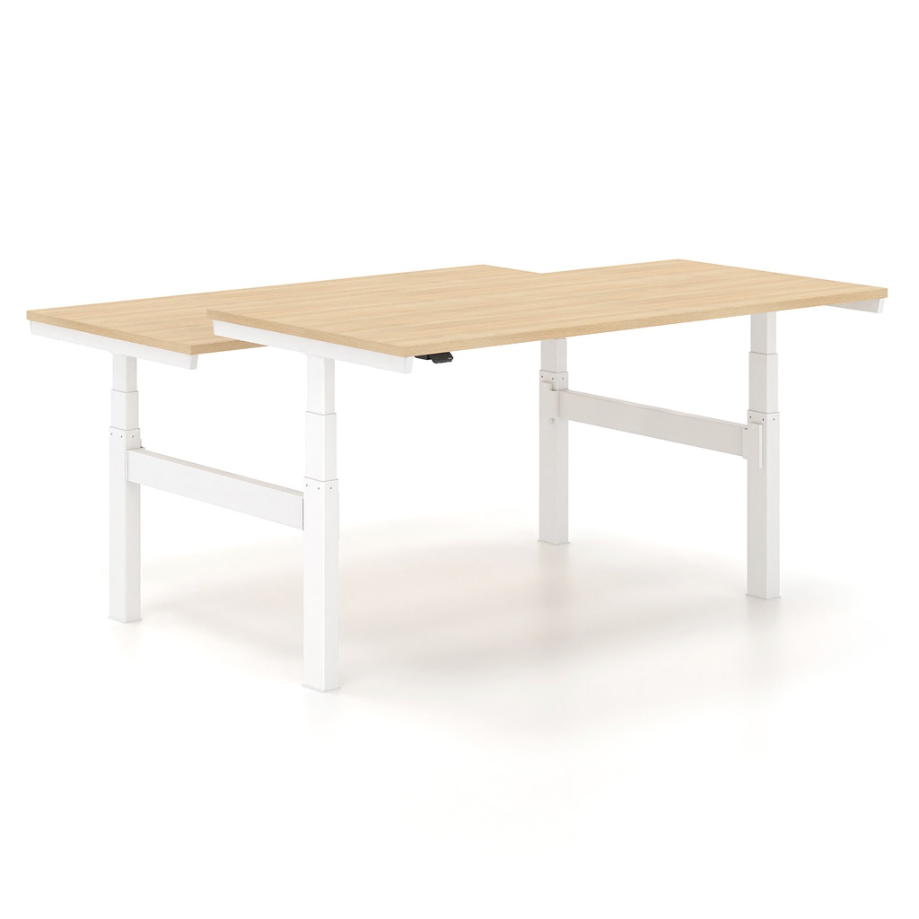 Σταθμός Εργασίας Ηλεκτρικά Ρυθμιζόμενου Γραφείου 2 θέσεων Dromeas σειράς Alma H διάστασης 1400mmx1600mm με σκελετό σε απόχρωση υπόλευκο και επιφάνεια σε απόχρωση Φυσικό Δρύς