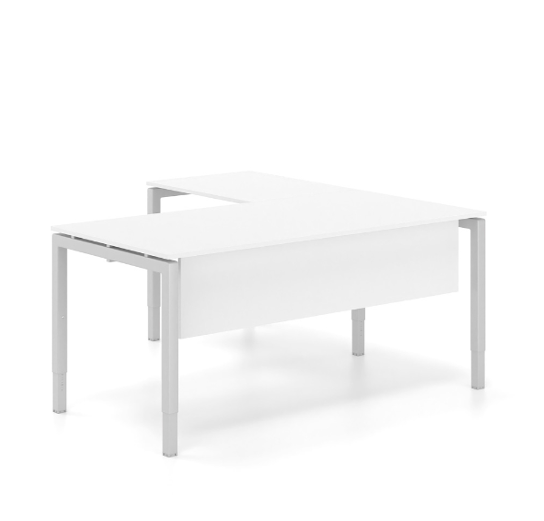 Γραφείο εργασίας ρυθμιζόμενου ύψους Dromeas σειράς Neo διάστασης 160Χ80Χ65-85Η με προέκταση 60Χ60 με σκελετό σε απόχρωση γκρί και επιφάνεια και μετώπη σε απόχρωση υπόλευκο