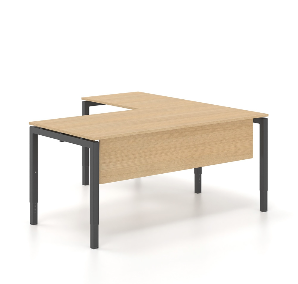 Γραφείο εργασίας ρυθμιζόμενου ύψους Dromeas σειράς Neo διάστασης 160Χ80Χ65-85Η με προέκταση 60Χ60 με σκελετό σε απόχρωση μαύρο και επιφάνεια και μετώπη σε απόχρωση φυσικό δρύς